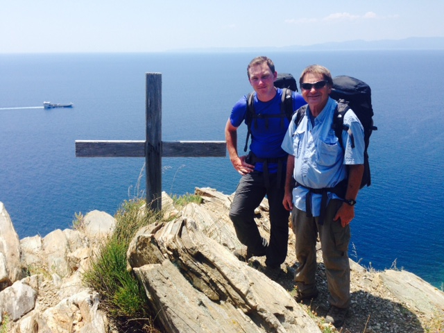 Trailmaster John McKinney and his son Daniel. You're never more than a few miles from the sea when hiking around the Mt. Athos.