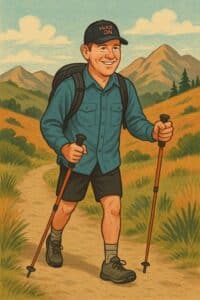 John McKinney cartoon with trekking poles