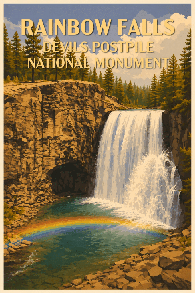 A WPA style poster featuring Rainbow Falls, a water feature located in the Devils Postpile National Monument. At the base of the waterfall is a pond, which is refracting a rainbow.