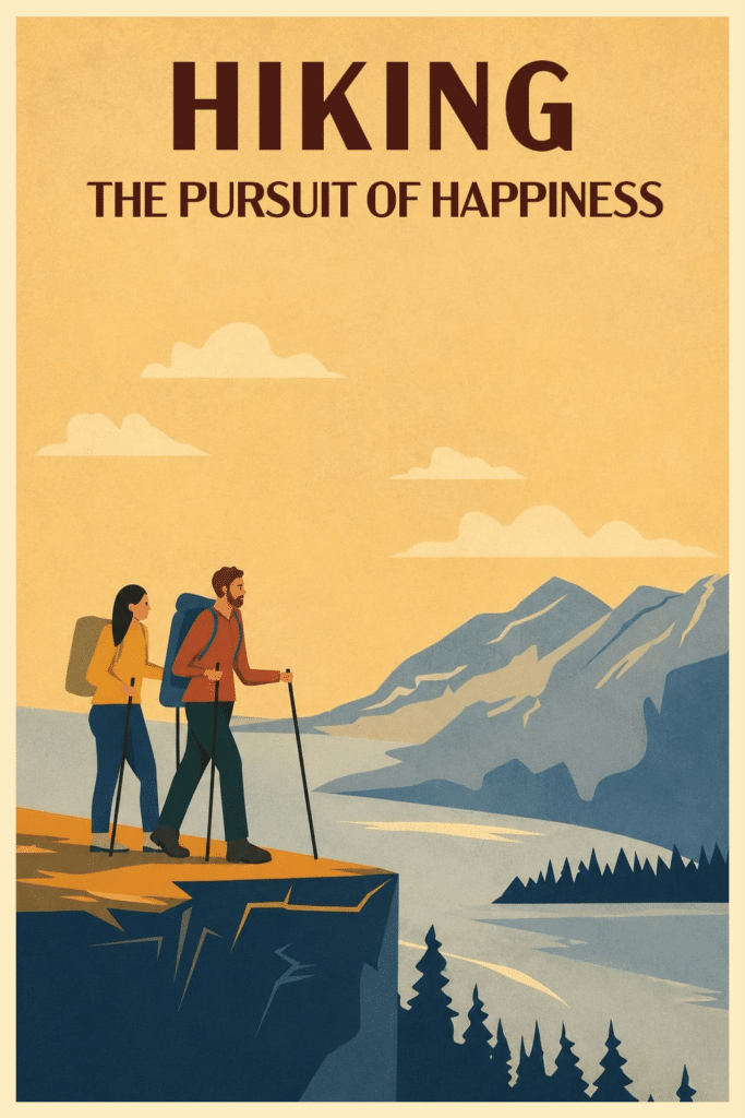 A simple illustration of two hikers with trekking poles admiring a waterway from atop a cliff during the golden hour. In the distance, a mountain range can be seen.  The text reads: HIKING, The Pursuit of Happiness