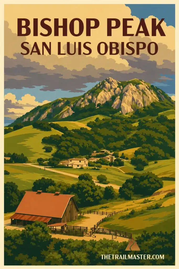 An illustration of Bishop Peak, the tallest of the nine Morros (or Nine Sisters). A modest farm is framed in the foreground. The text reads 'BISHOP PEAK / SAN LUIS OBISPO'. 