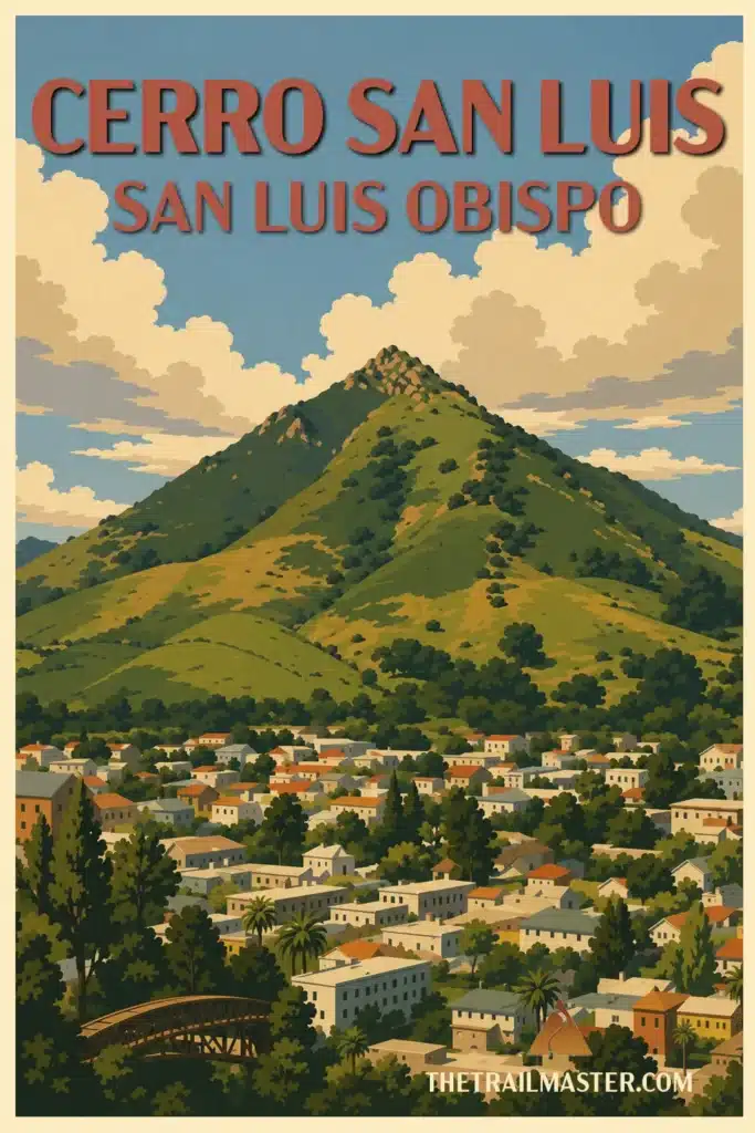 An illustration of Cerro San Luis Obispo, a mountain in Cerro San Luis. The text reads 'CERRO SAN LUIS / SAN LUIS OBISPO'. In the foreground is a wooden railway bridge leading into a colorful city.