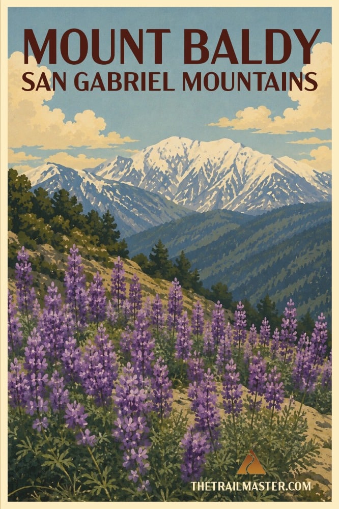 Mount Baldy A painting of a hyacinth field with the San Gabriel mountains in the background; the text reads 'MOUNT BALDY/SAN GABRIEL MOUNTAINS'.