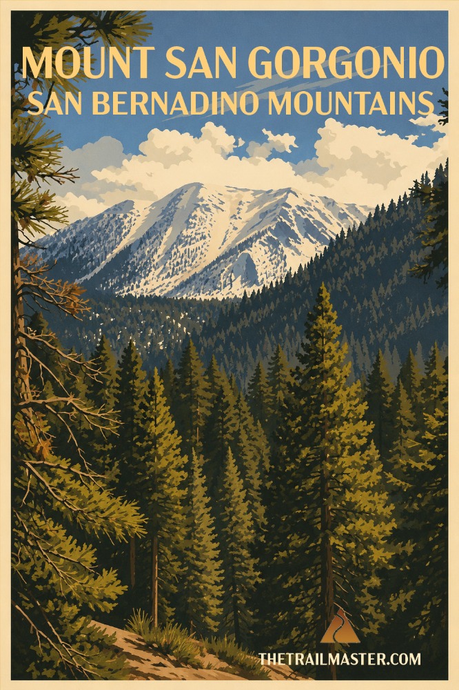 A painting of the San Bernadino Mountains, with a vast and rolling forested foothill between the viewer and the Three Saints. The text reads 'MOUNT SAN GORGIONO/SAN BERNADINO MOUNTAINS'.