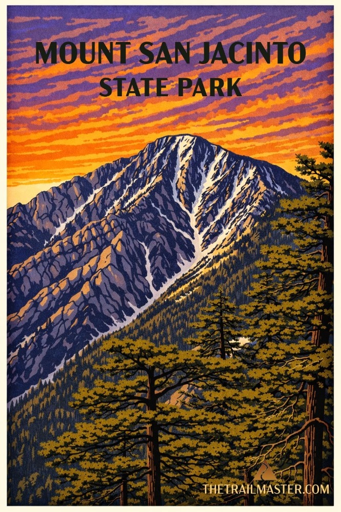 Mount San Jacinto A dusky rendered painting of Mount San Jacinto with ponderosa pines growing in the near foreground. The text reads 'MOUNT SAN JACINTO/STATE PARK'.
